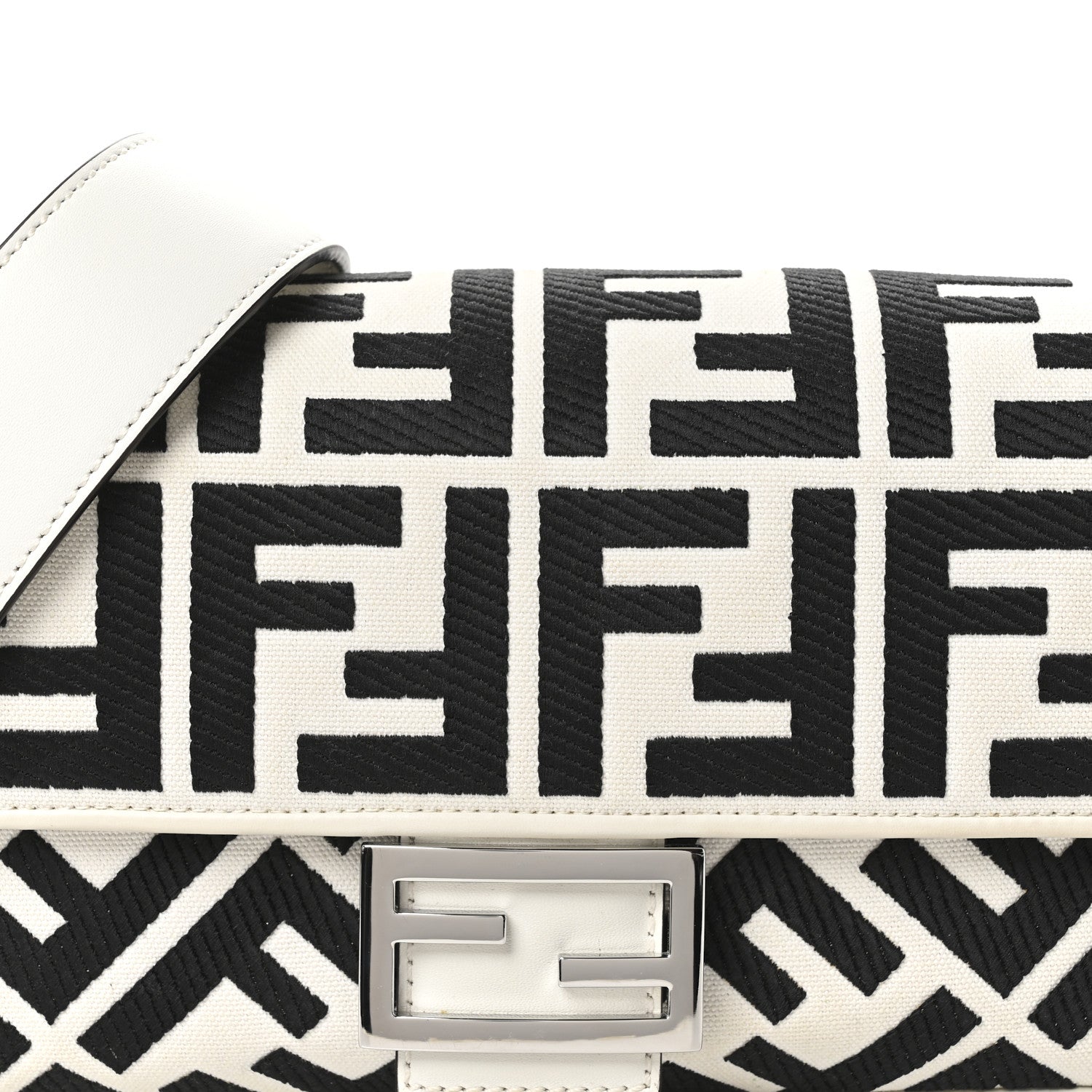 Fendi Canvas Vitello King FF Embroidered Baguette White Black 8 of 11