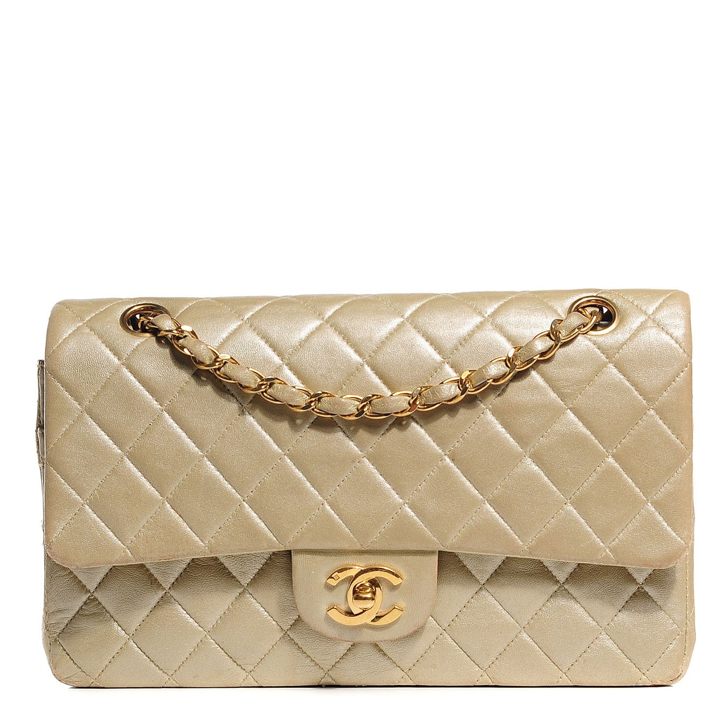 Lambskin Quilted Medium Double Flap Light Gold
