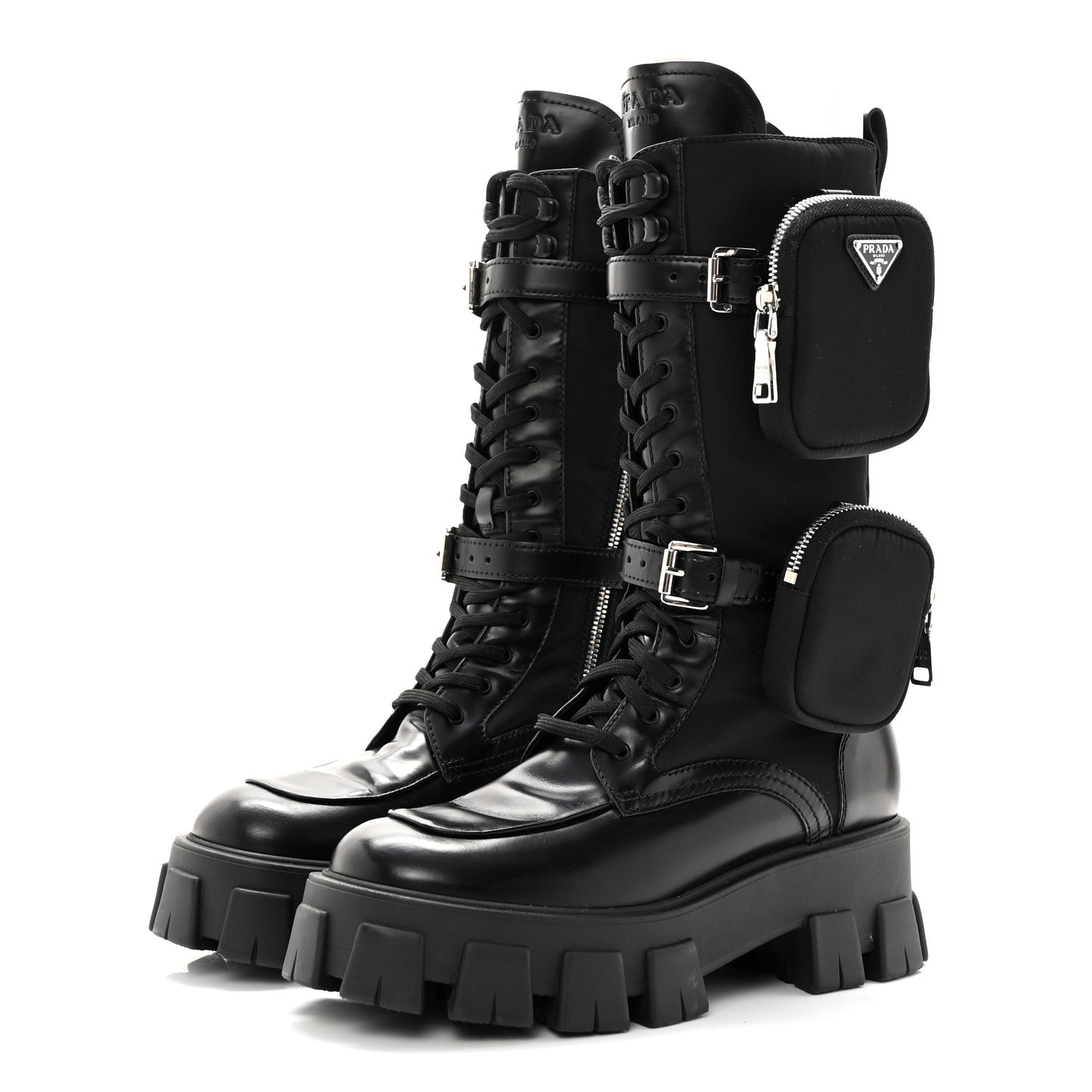 Prada Spazzolato Rois Re-Nylon Metal Triangle Logo Monolith Pouch Pocket 55mm Tall Combat Boots 39.5 Black 3 of 13