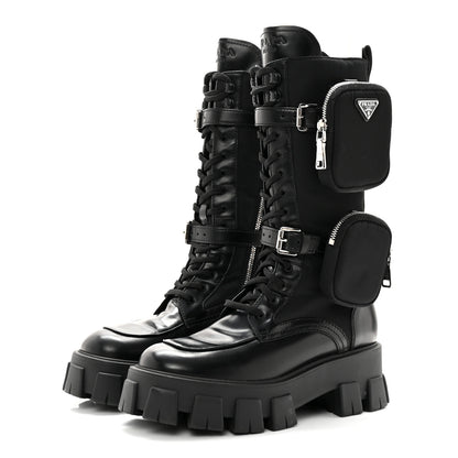 Prada Spazzolato Rois Re-Nylon Metal Triangle Logo Monolith Pouch Pocket 55mm Tall Combat Boots 39.5 Black 3 of 13