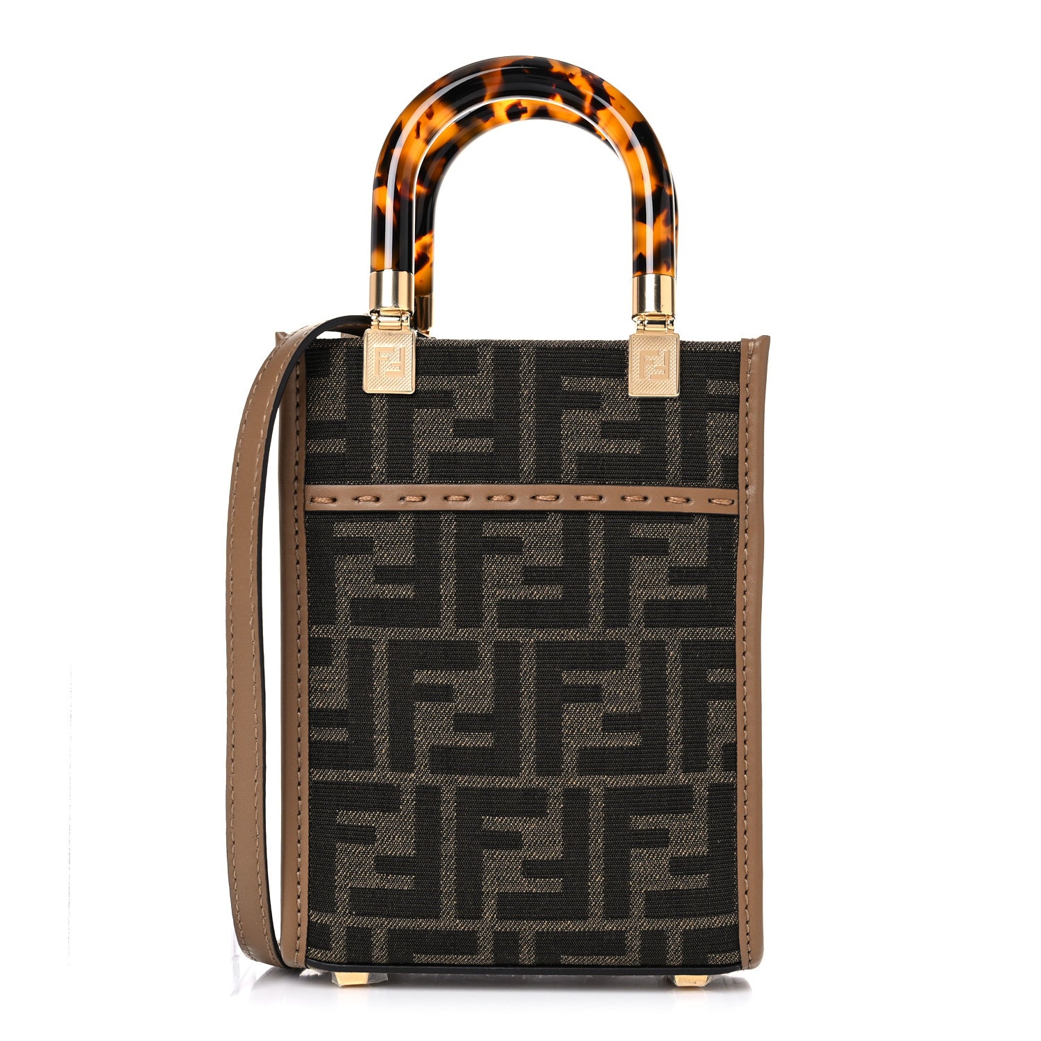 Fendi Fabric Jacquard Vitello King Plexiglass FF 1974 Mini Fendi Sunshine Shopper Tote Tobacco Moro Sand 1 of 12