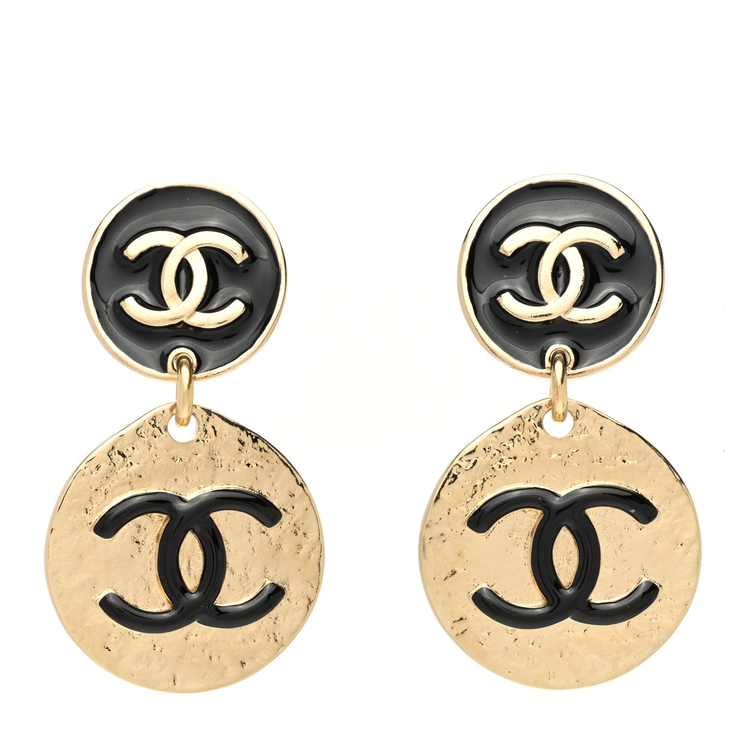 Chanel Enamel CC Disc Drop Earrings Gold Black 1 of 5