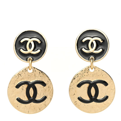 Chanel Enamel CC Disc Drop Earrings Gold Black 1 of 5