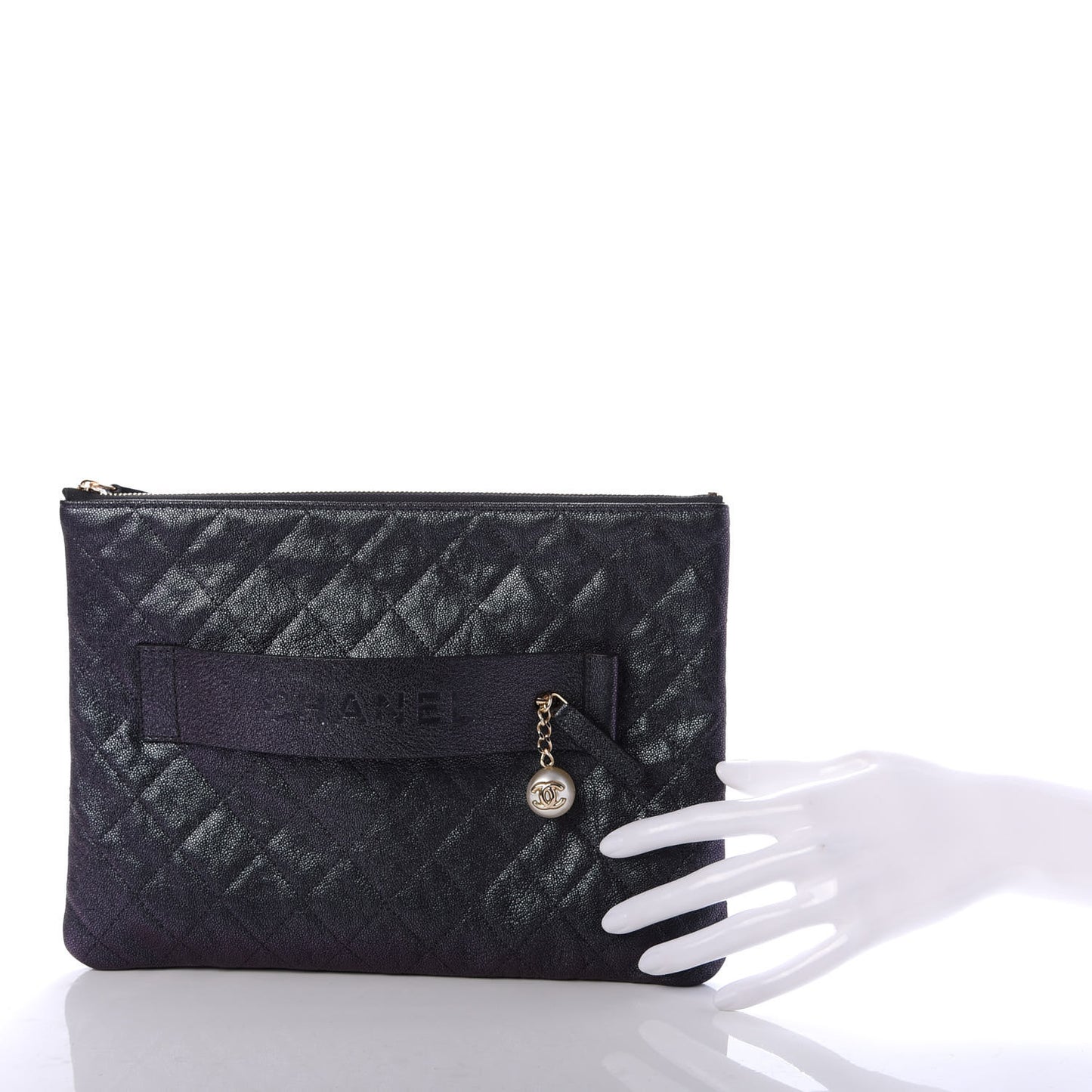 Iridescent Caviar Medium Night by the C Pouch Clutch Black
