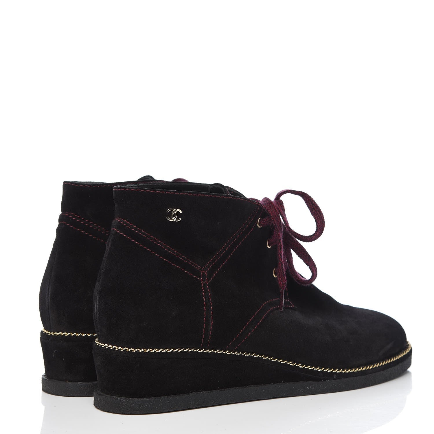 Chanel Suede Calfskin Lace Up Wedge Booties 40.5 Black 4 of 9