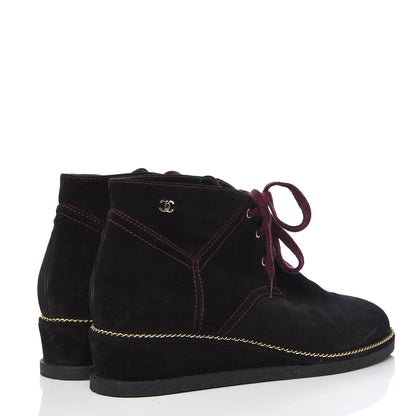 Chanel Suede Calfskin Lace Up Wedge Booties 40.5 Black 4 of 9