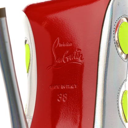 Christian Louboutin PVC Metallic Patent Polkadot Ladybug 120 Peep Toe Pumps 38 Silver Neon Yellow 7 of 7