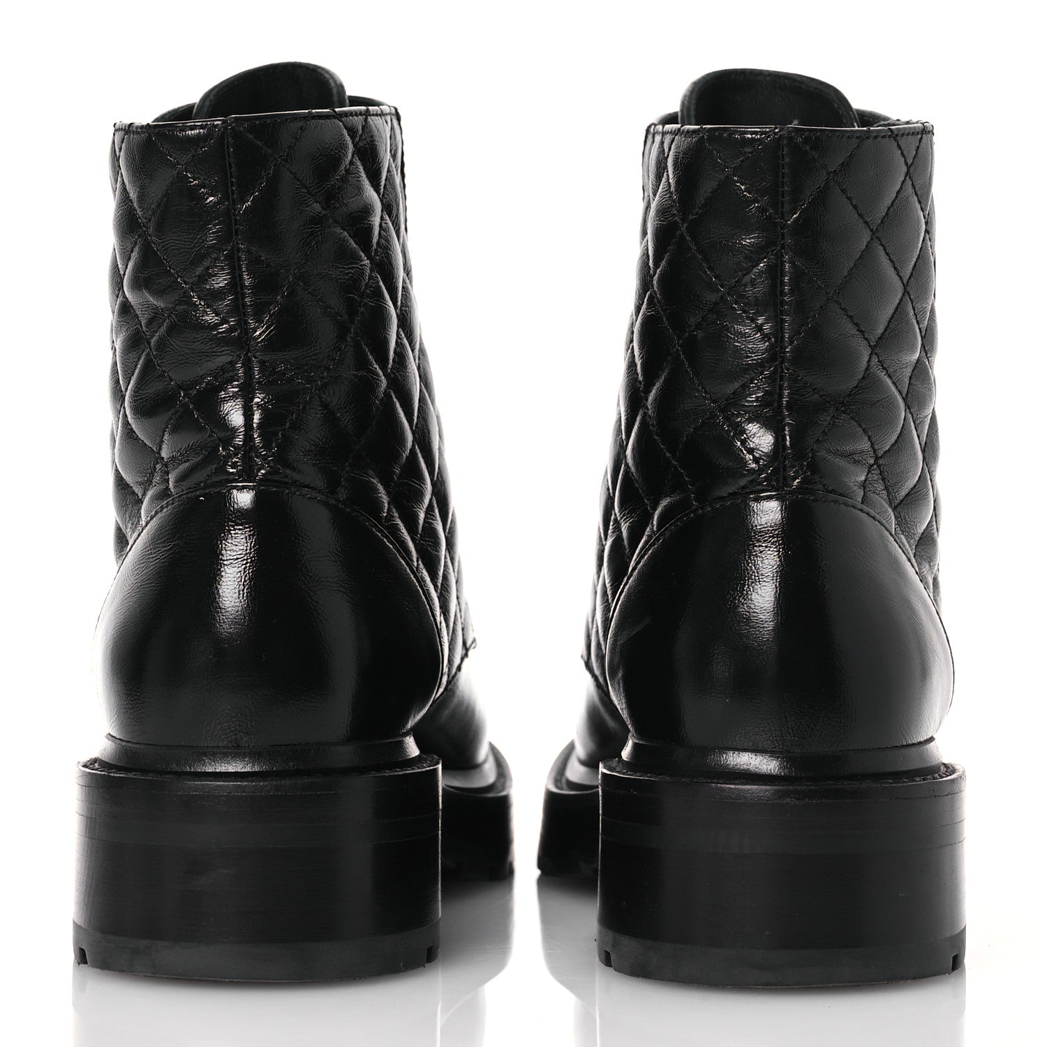 Chanel Shiny Calfskin Quilted Lace Up Combat Boots 37 Black
