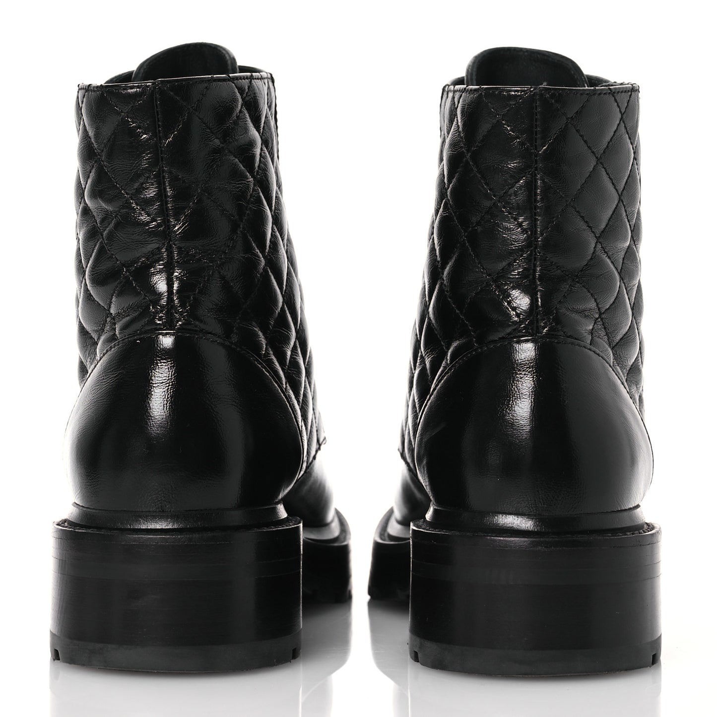 Shiny Calfskin Quilted Lace Up Combat Boots 37 Black