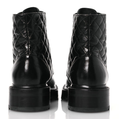 Chanel Shiny Calfskin Quilted Lace Up Combat Boots 37 Black 5 of 14