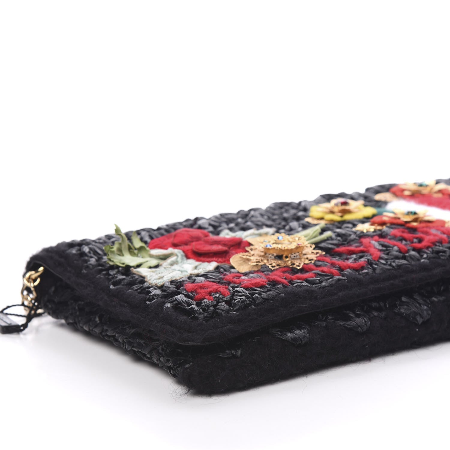 Dolce & Gabbana Woven Raffia Embellished Chain Flap Bag Black Multicolor 4 of 8