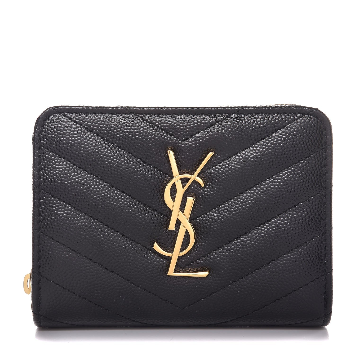 Saint Laurent Grain De Poudre Matelasse Chevron Monogram Compact Zip Around Wallet Black 1 of 6