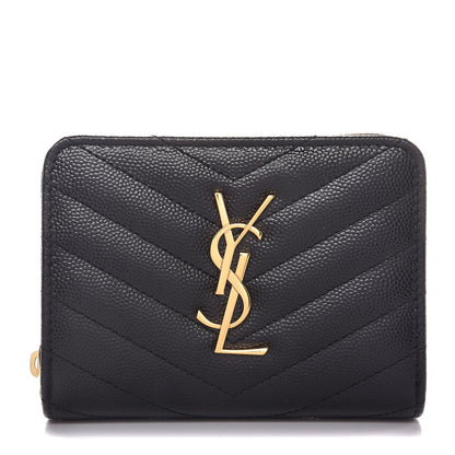 Saint Laurent Grain De Poudre Matelasse Chevron Monogram Compact Zip Around Wallet Black 1 of 6