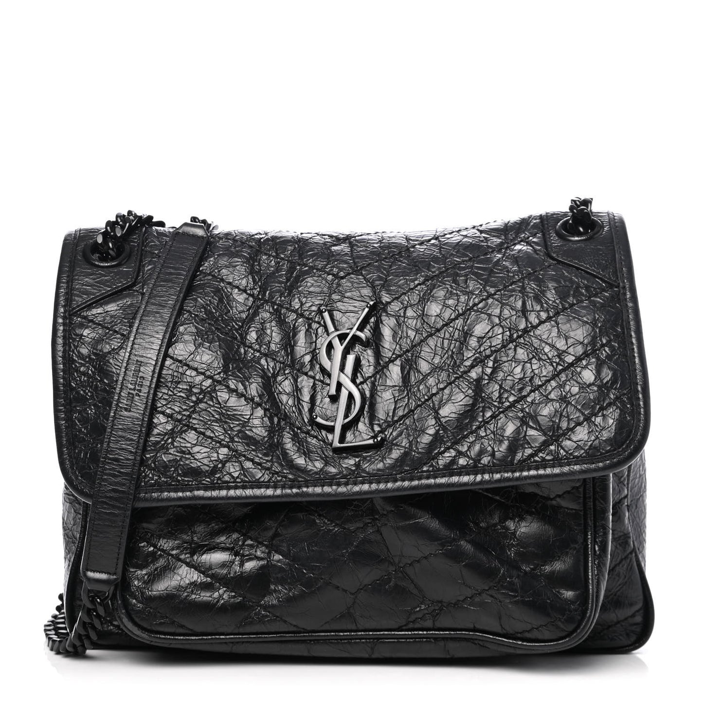 Crinkled Calfskin Matelasse Monogram Medium Niki Chain Satchel Black