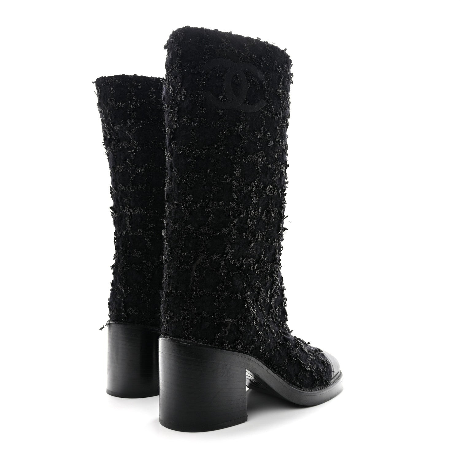 Chanel Iridescent Wool Silk Tweed Calfskin CC Cap Toe High Boots 37 Black 4 of 12