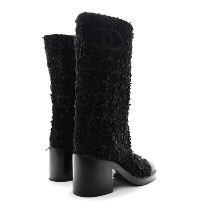 Chanel Iridescent Wool Silk Tweed Calfskin CC Cap Toe High Boots 37 Black 4 of 12