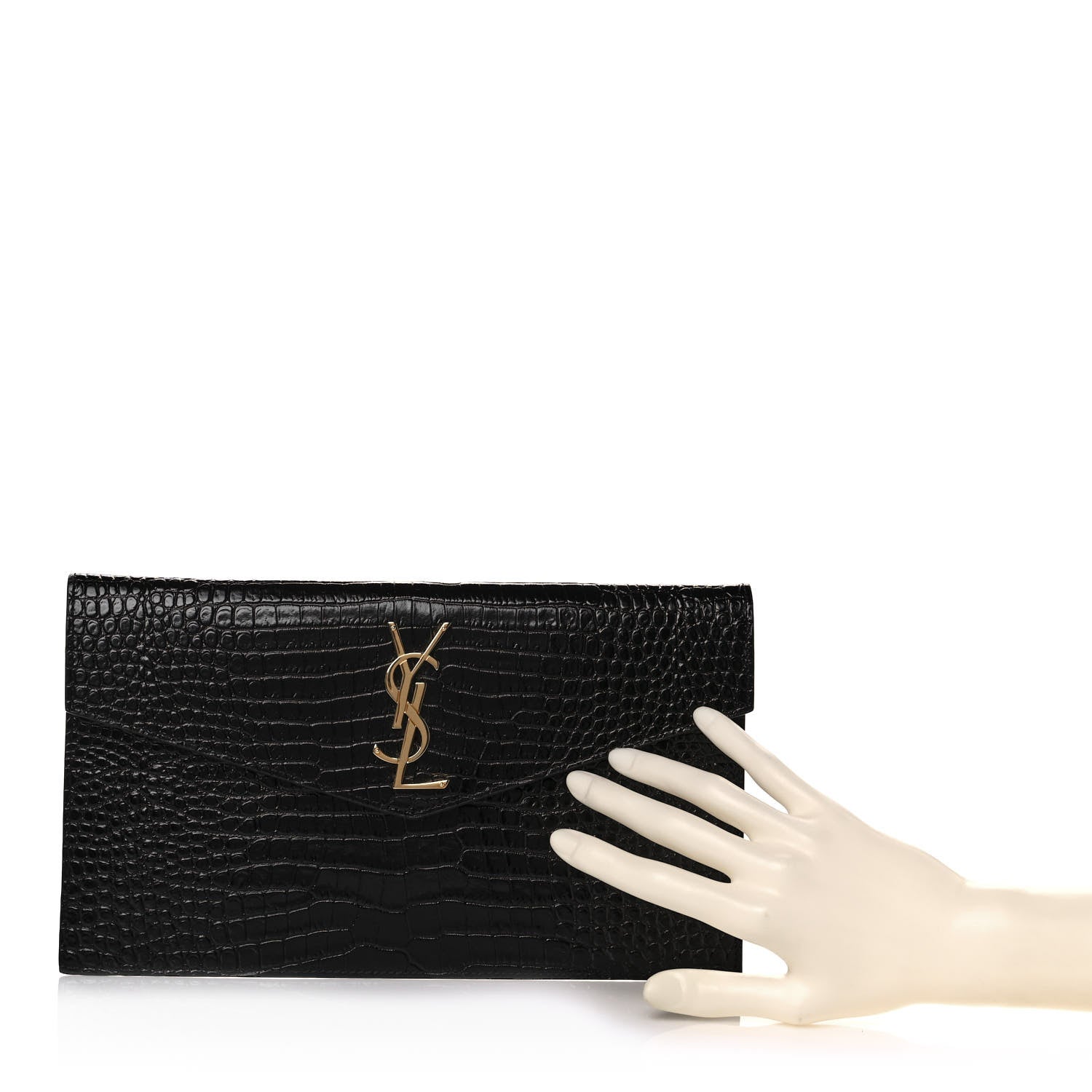 Saint Laurent Calfskin Crocodile Embossed Uptown Monogram Clutch Black 2 of 7