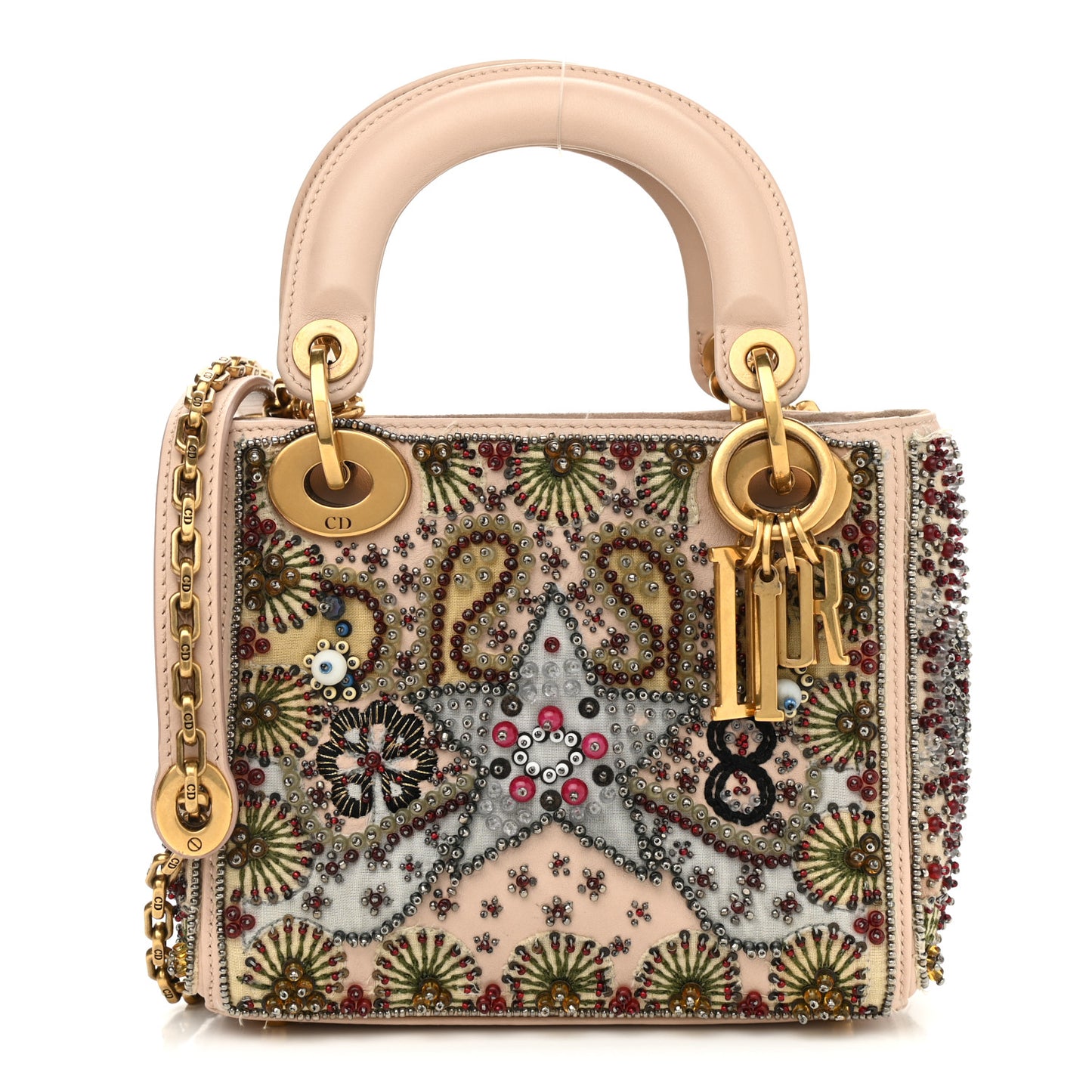 Calfskin Beaded Mini Lady Dior Beige Multicolor