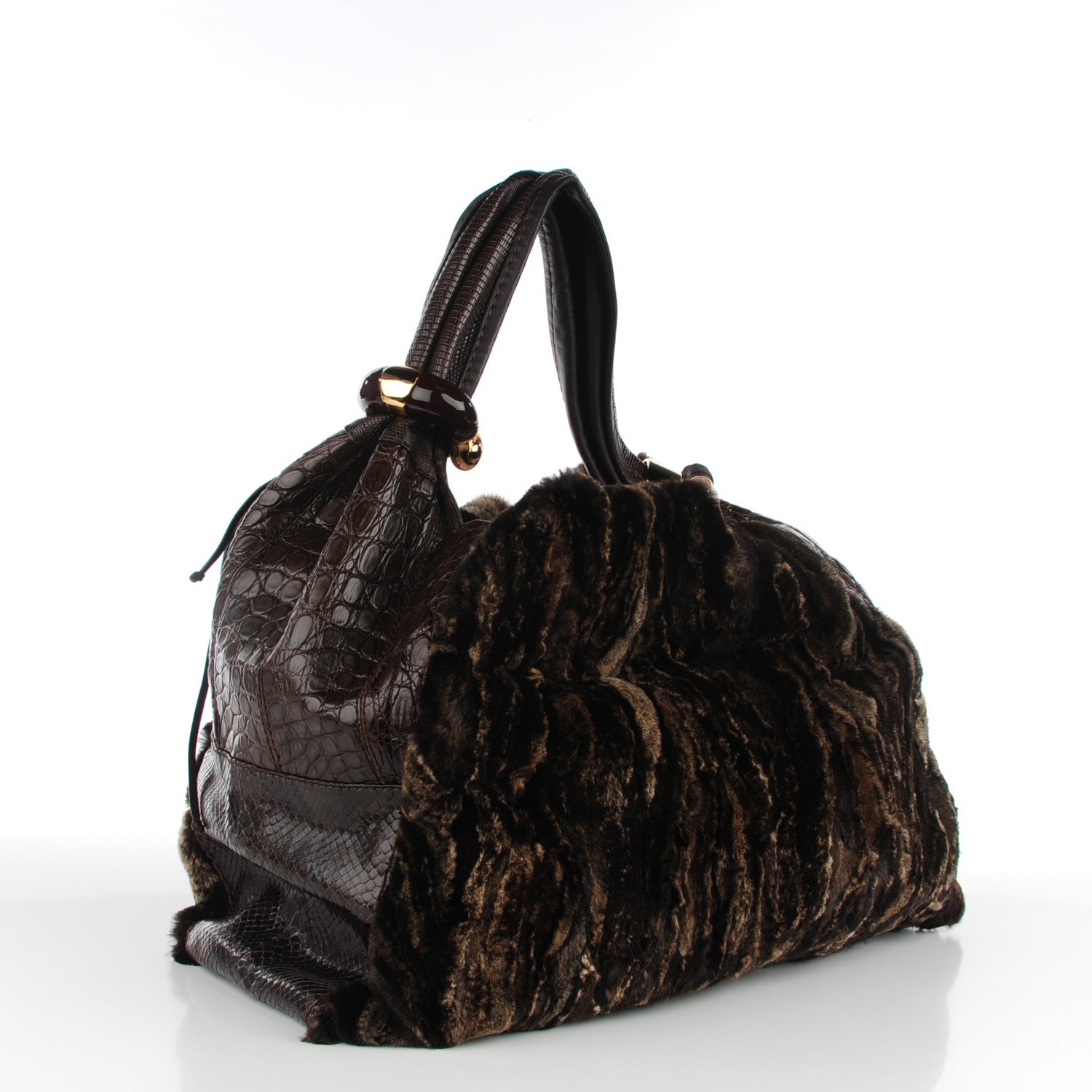 Jimmy Choo Mink Fur Snakeskin Crocodile Lizard Large Saba Hobo Brown 3 of 7