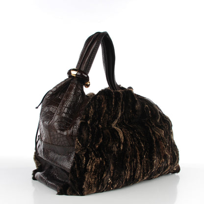 Jimmy Choo Mink Fur Snakeskin Crocodile Lizard Large Saba Hobo Brown 3 of 7