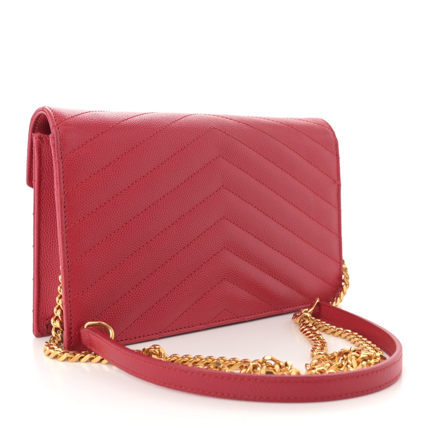 Saint Laurent Grain De Poudre Matelasse Chevron Monogram Envelope Chain Wallet New Red 3 of 13