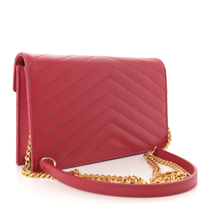 Saint Laurent Grain De Poudre Matelasse Chevron Monogram Envelope Chain Wallet New Red 3 of 13
