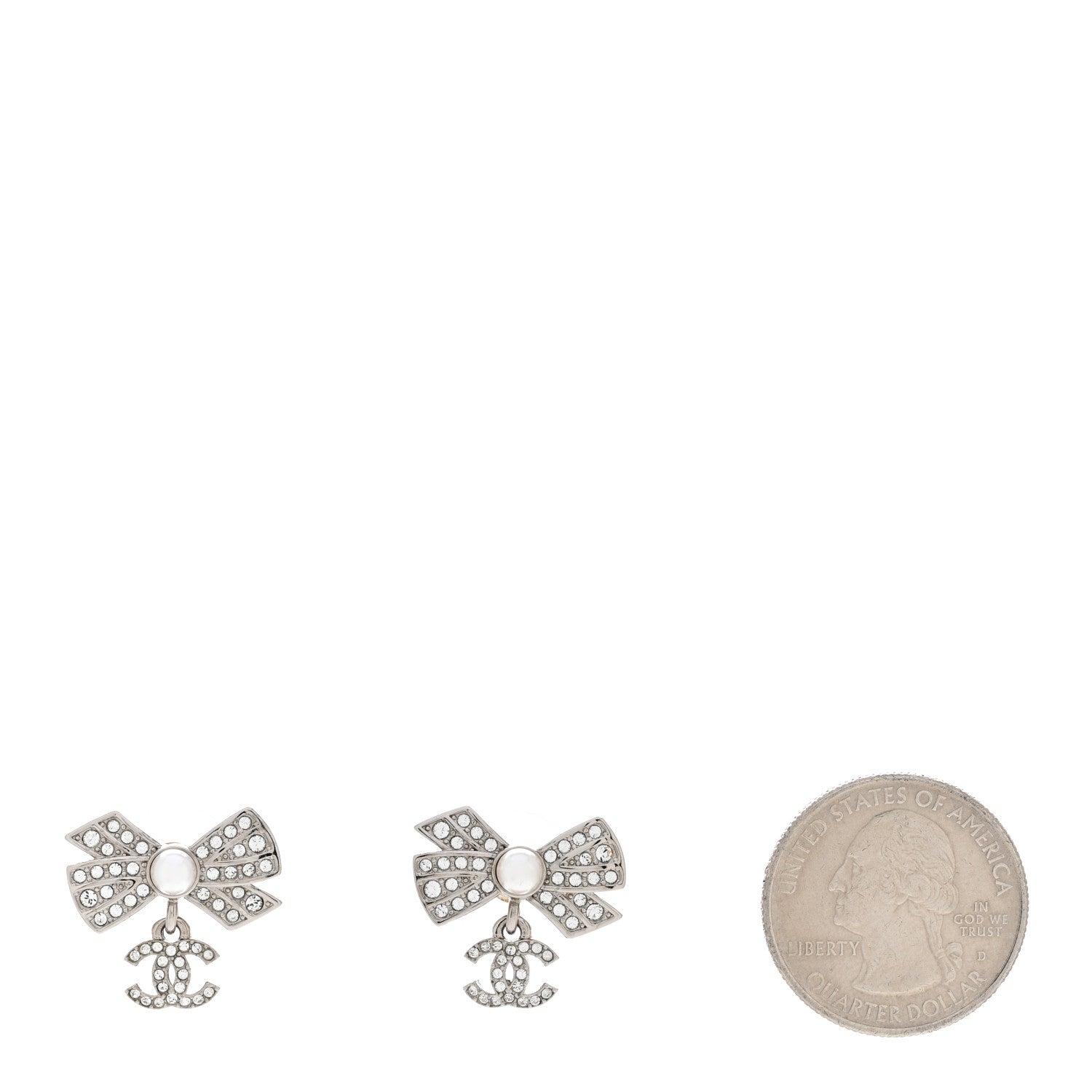 Chanel Crystal Pearl Bow CC Drop Earrings Silver 2 of 4