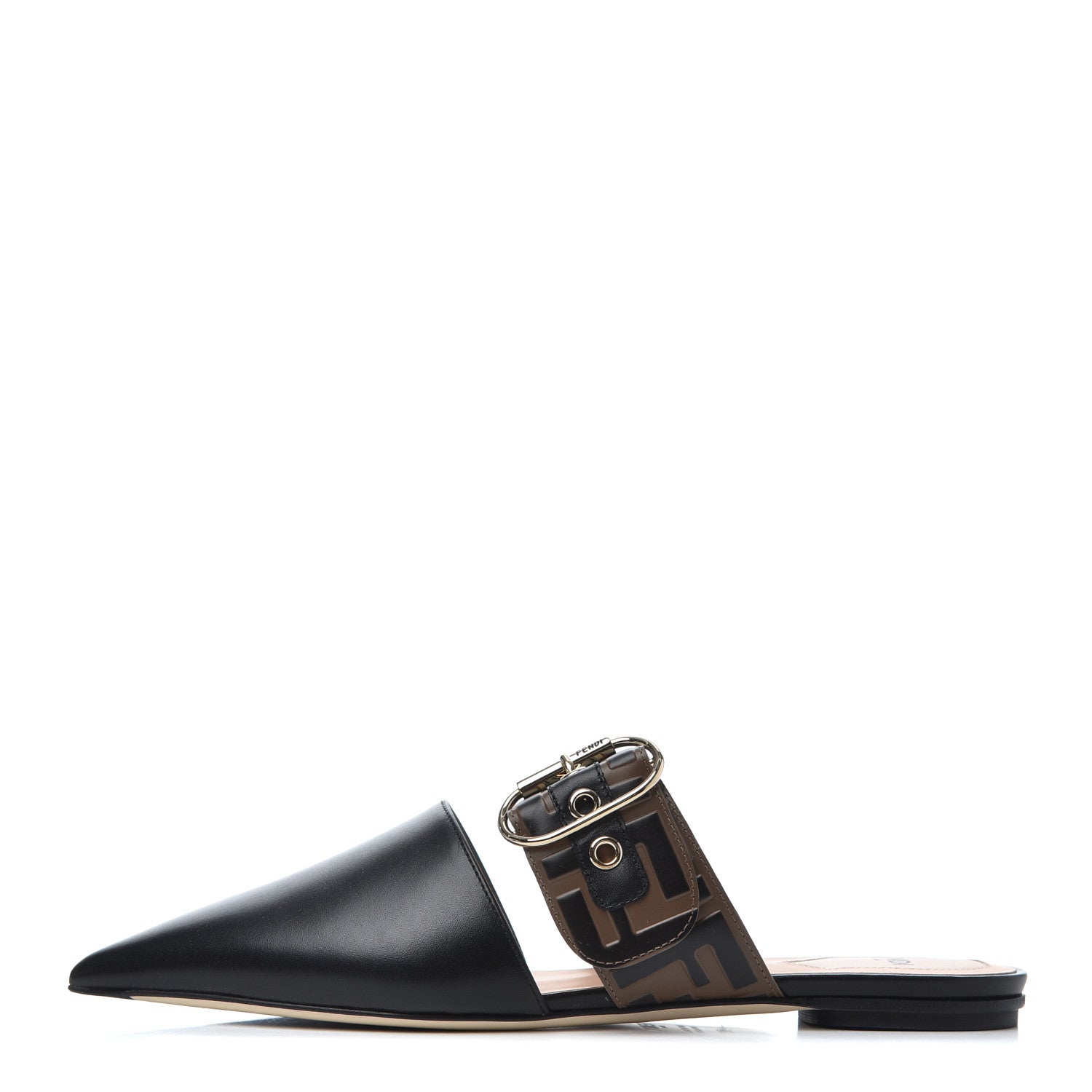 Fendi Vitello FF Embossed Buckle Flat Mules 38 Maya Black 1 of 14