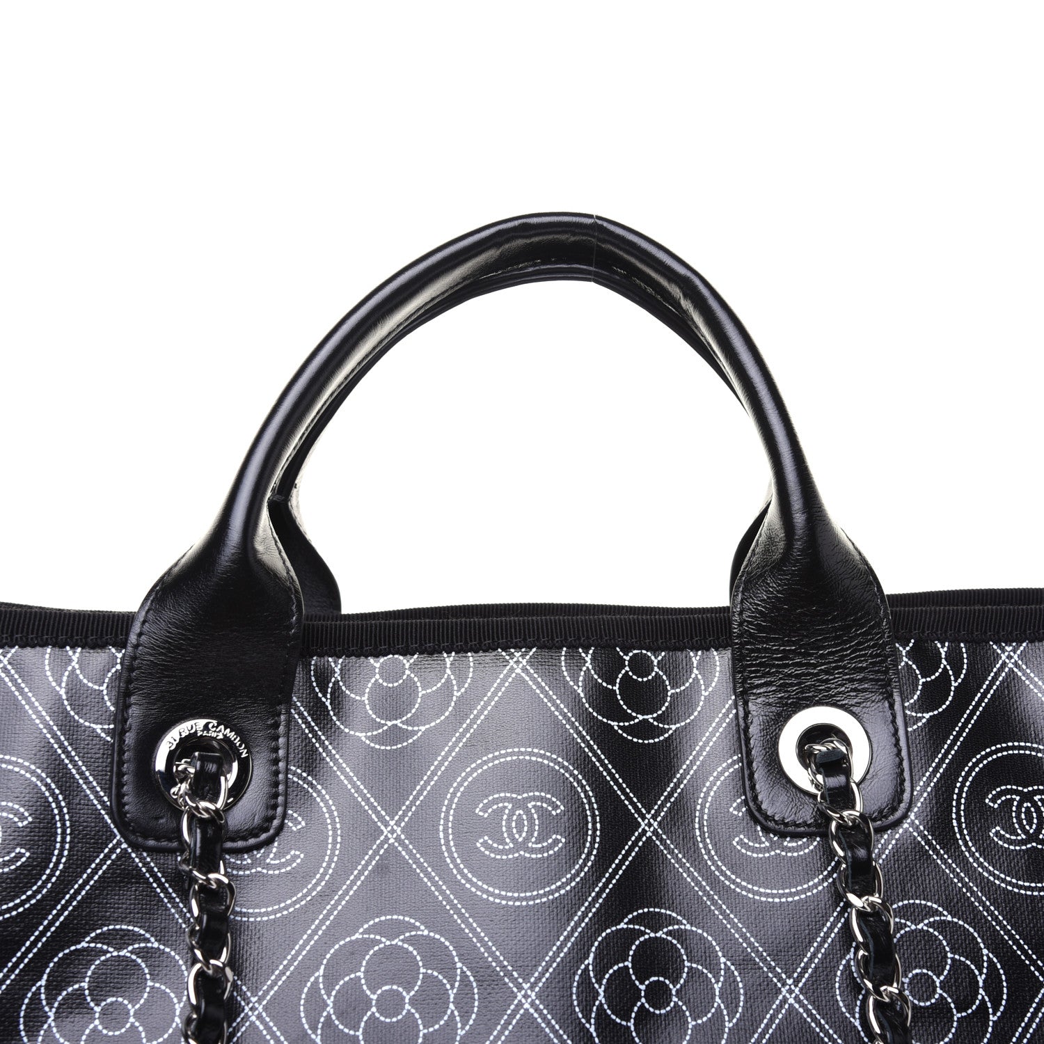 Chanel Coated Canvas Camellia Large Shopping Tote Black Beige 15 of 17