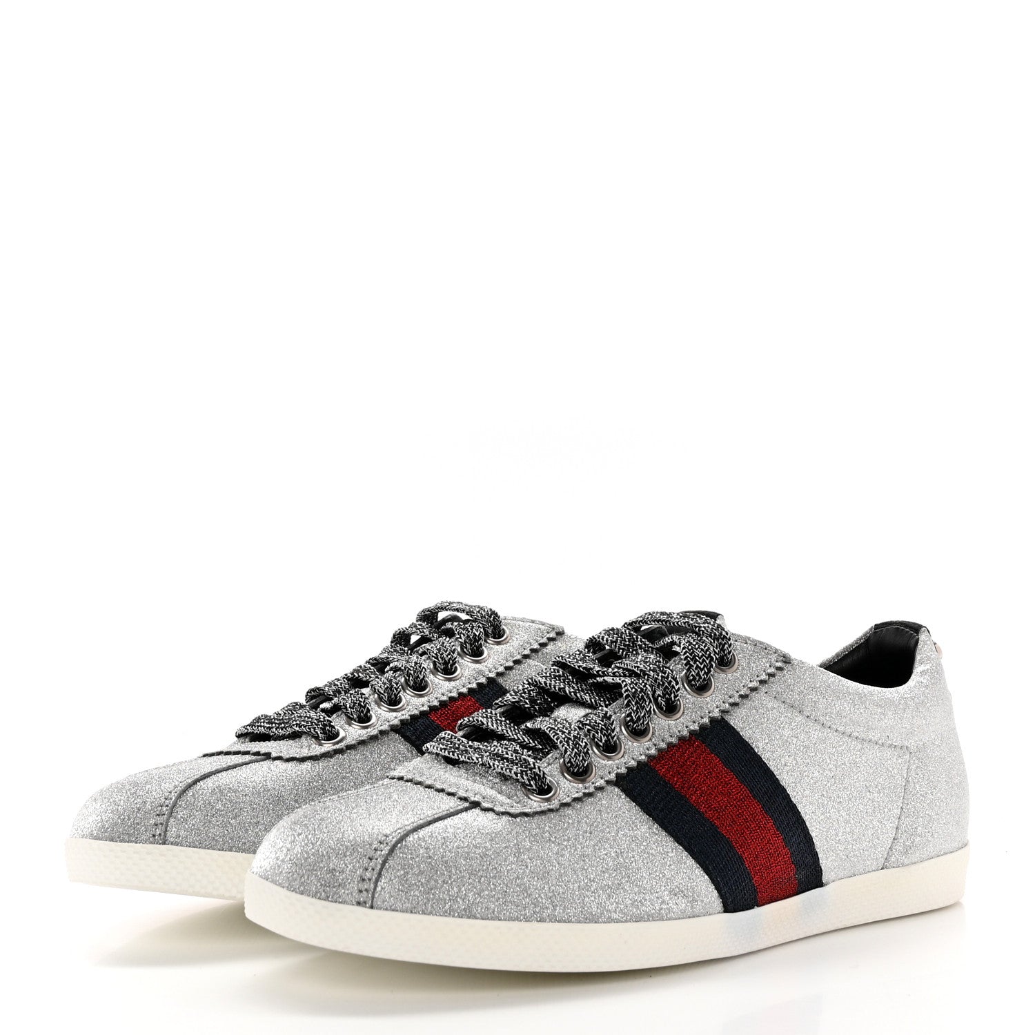 Gucci Glitter Fabric Studded Web Womens Sneakers 35.5 Silver 3 of 13