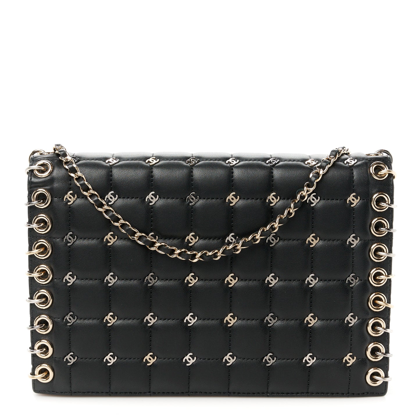 Lambskin Chocolate Bar Piercing CC Studded Small Chain Flap Bag Black