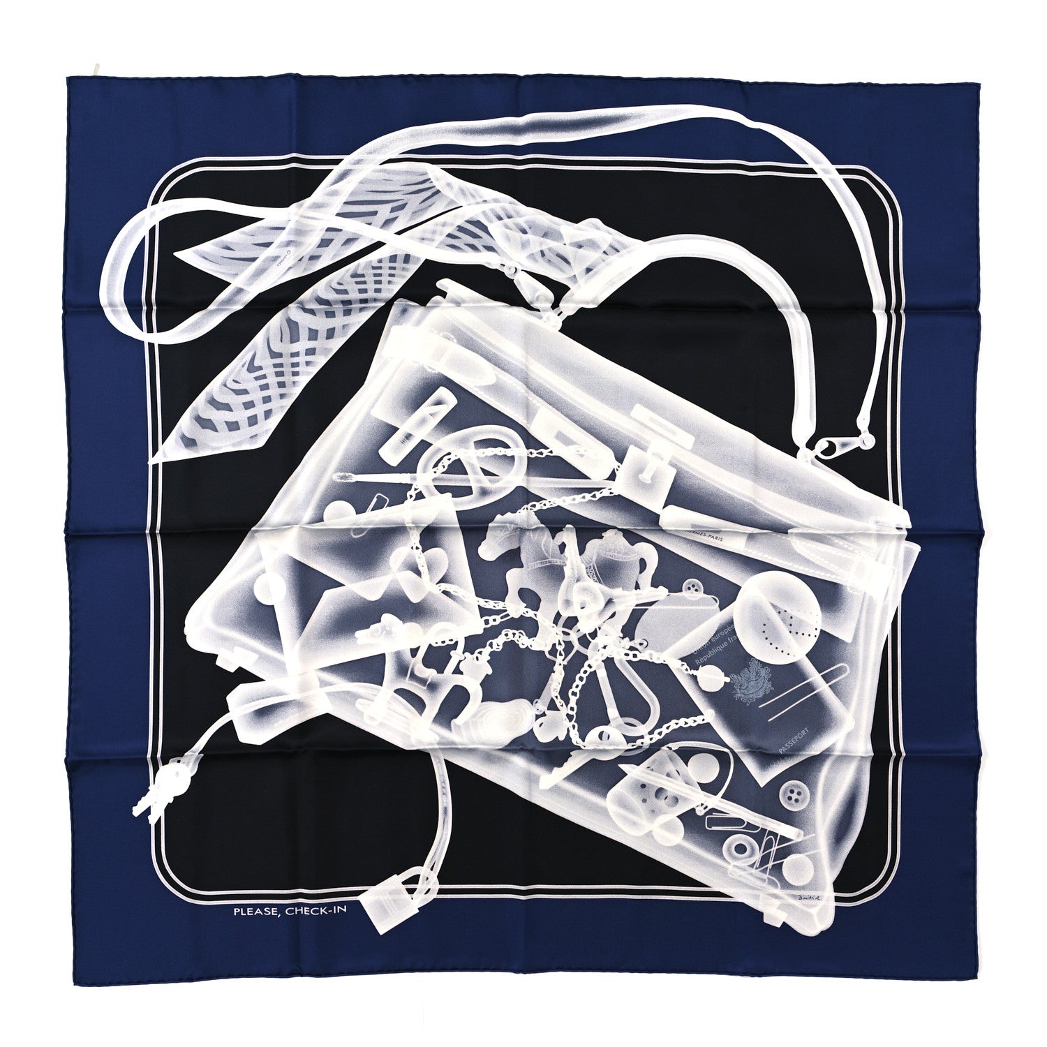 Hermes Silk Please Check In Scarf 90 Marine Black White 1 of 3