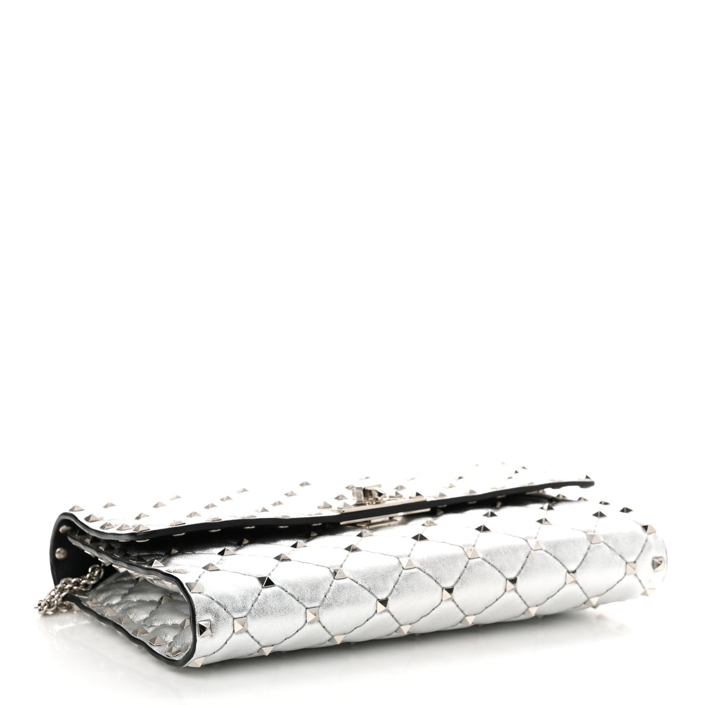 Metallic Lambskin Rockstud Spike Wallet on Chain Silver