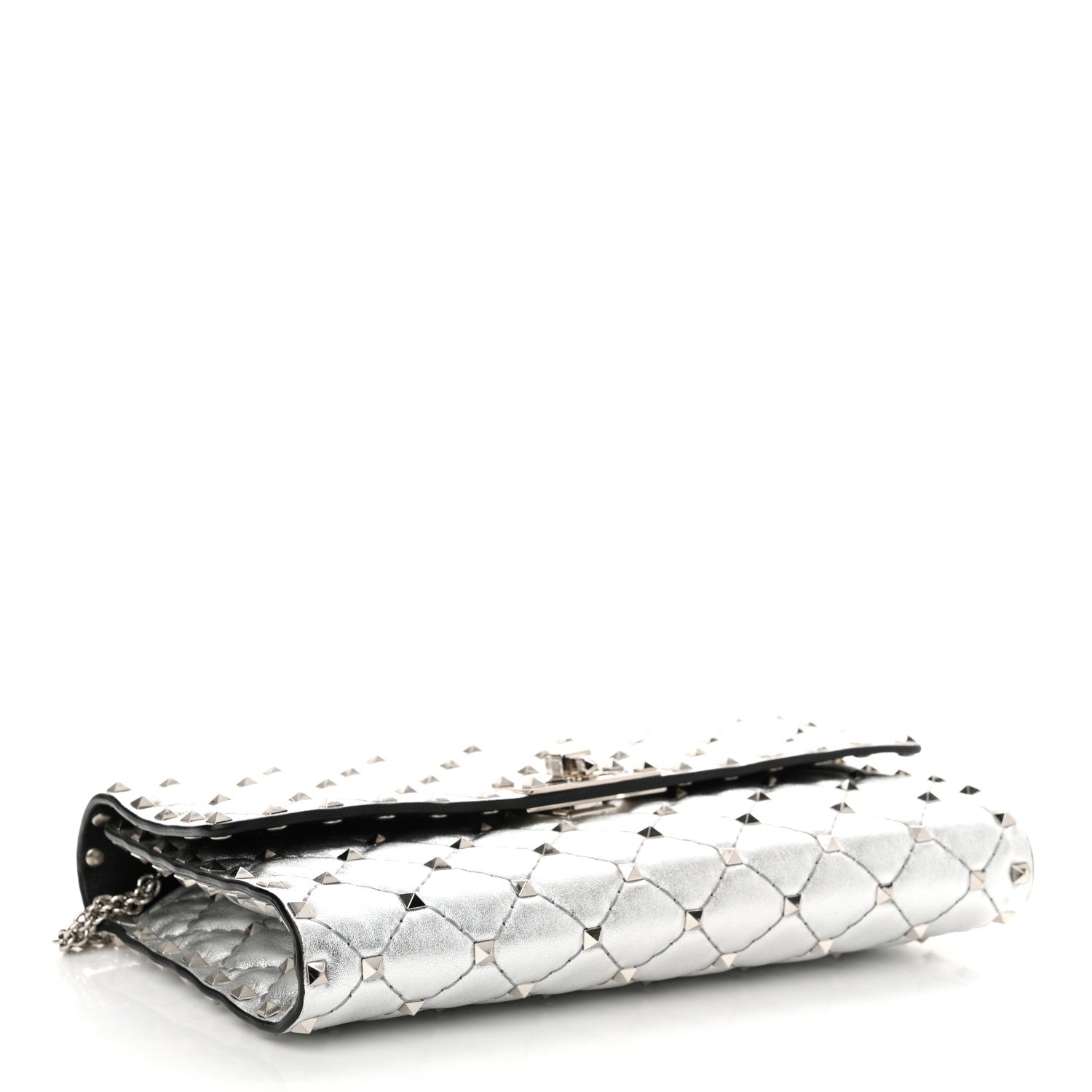 Valentino Garavani Metallic Lambskin Rockstud Spike Wallet on Chain Silver 4 of 11