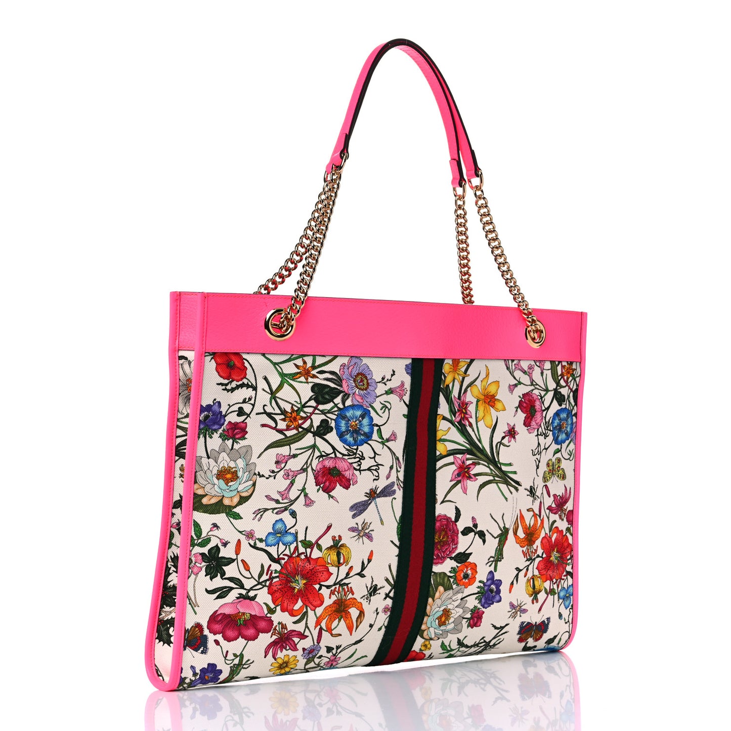 Canvas Flora Large Rajah Chain Tote White Multicolor Fuxia Fluo
