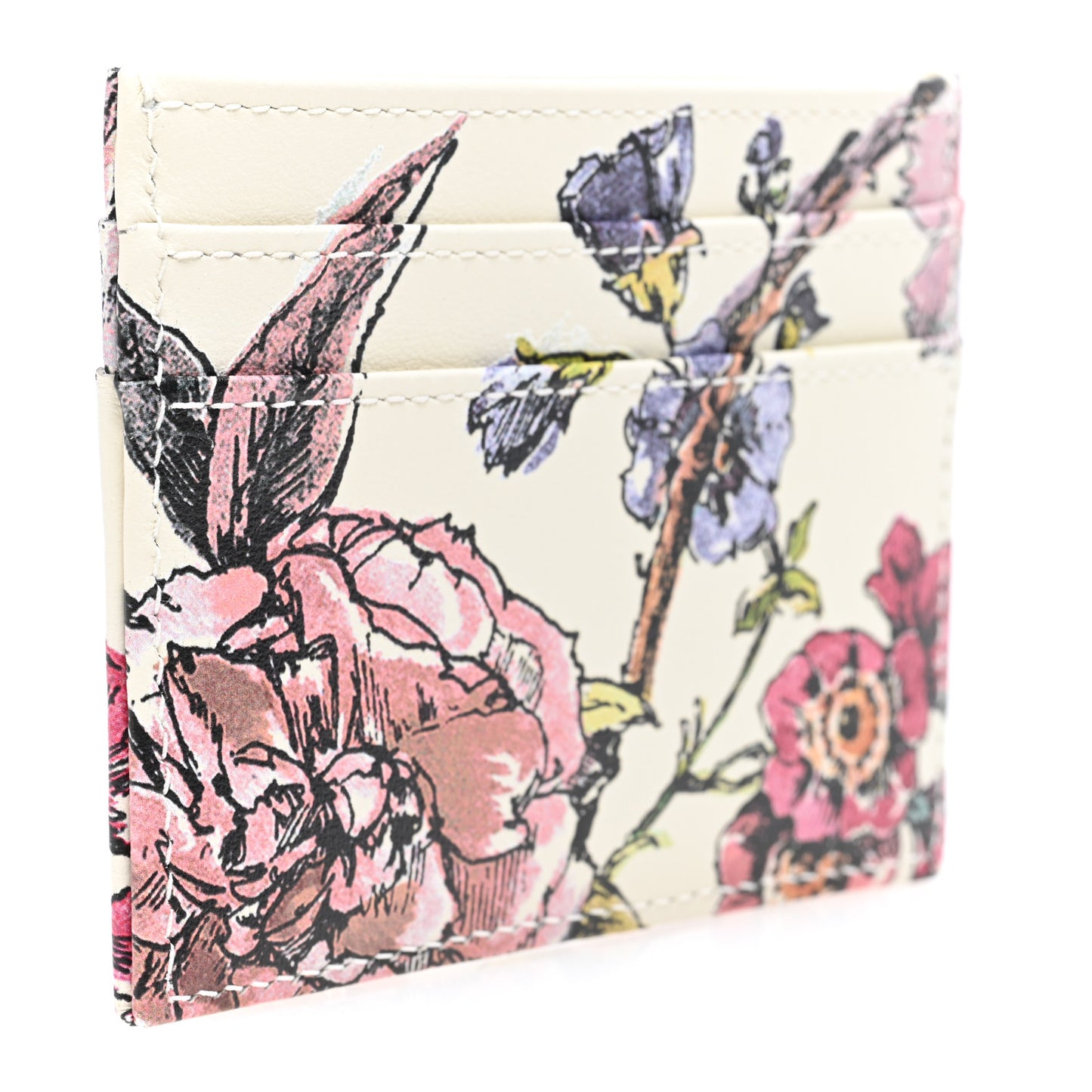 Calfskin Caro Floral Five-Slot Card Holder White Multicolor