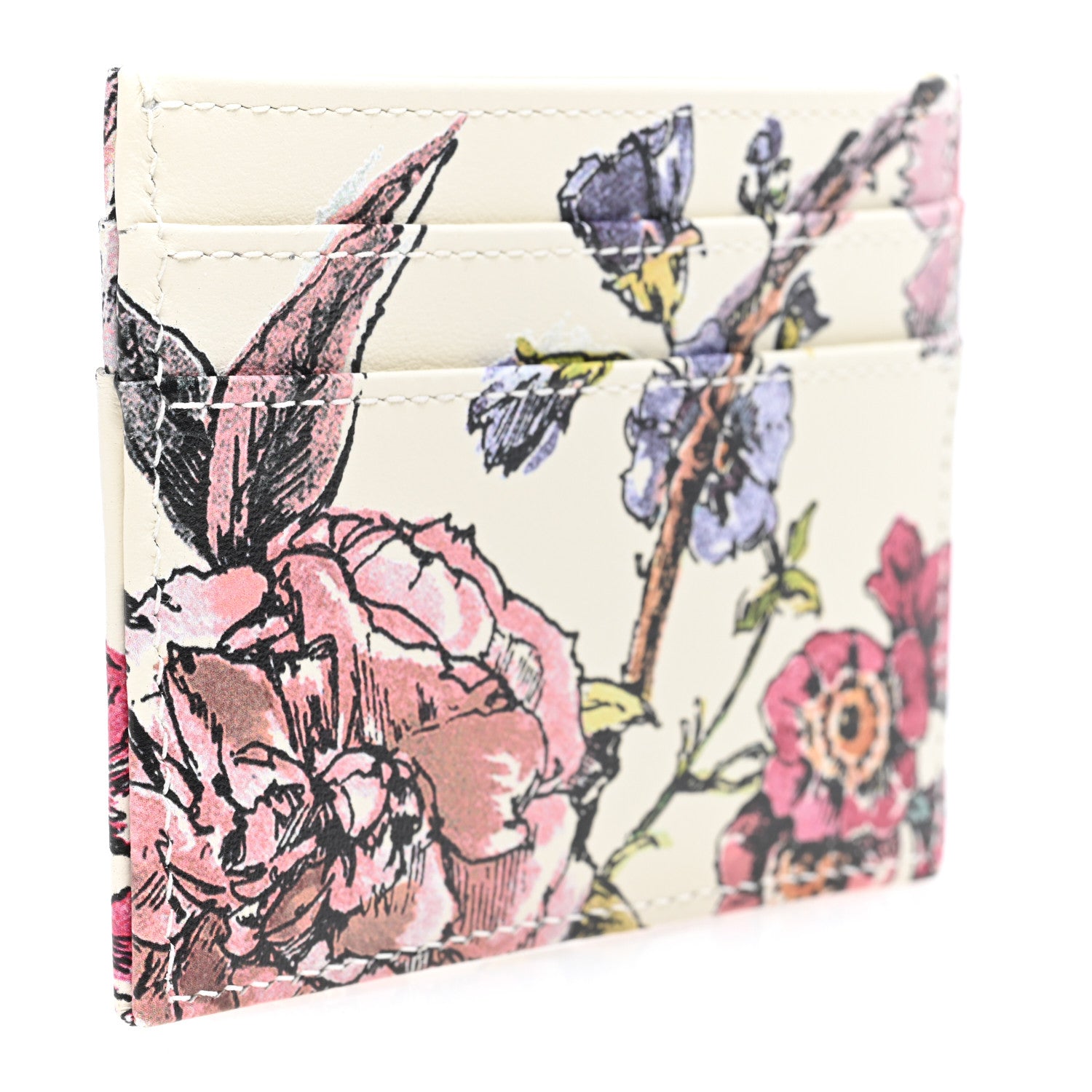 Christian Dior Calfskin Caro Floral Five-Slot Card Holder White Multicolor 3 of 7