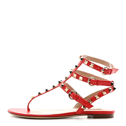 Valentino Garavani Calfskin Nappa Rockstud Ankle Wrap Flat Thong Sandals 35 Rouge Pur 1 of 12