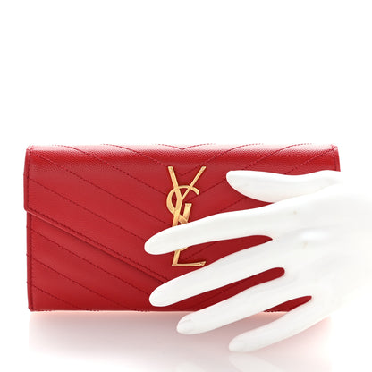 Saint Laurent Grain De Poudre Matelasse Chevron Monogram Flap Wallet Red 2 of 9