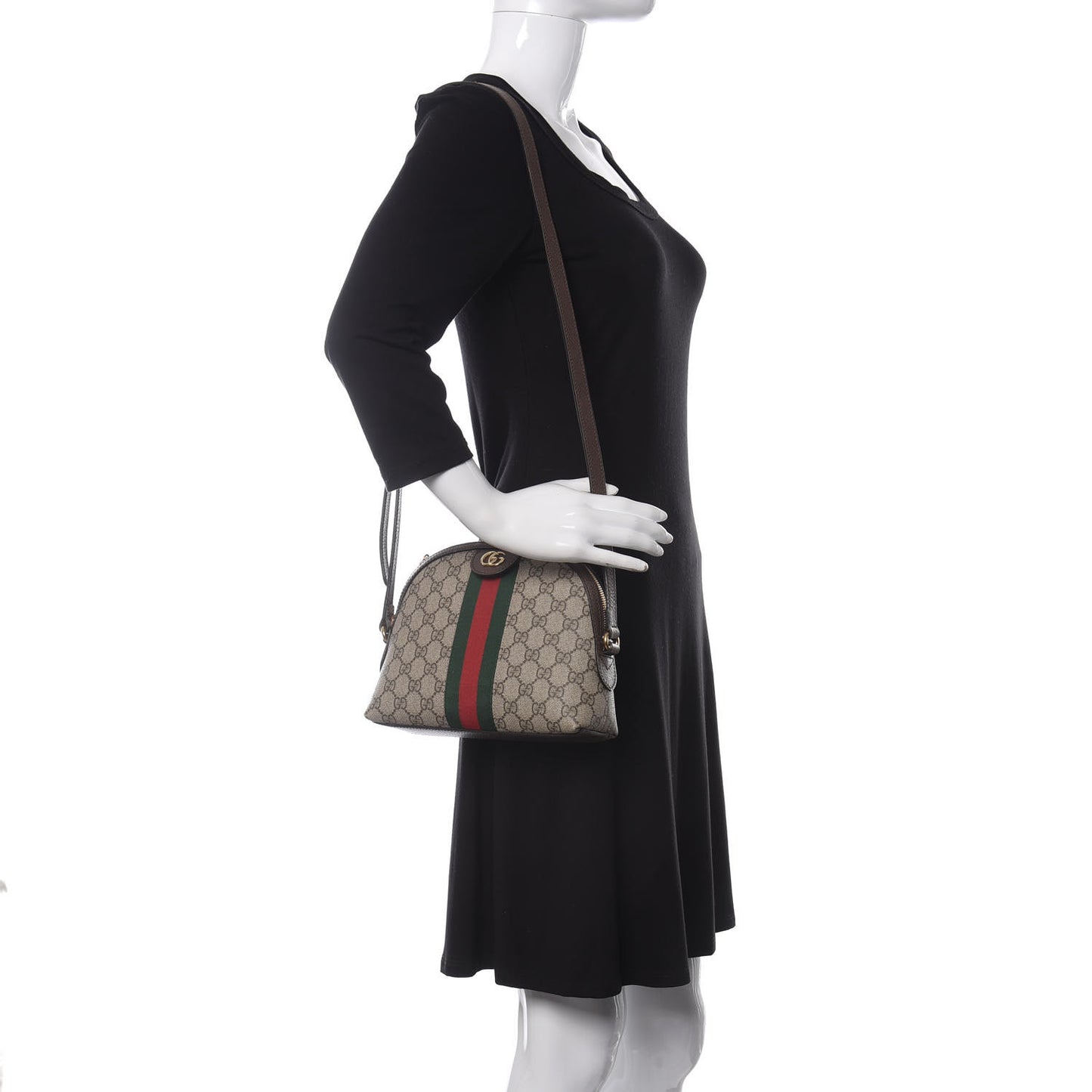 GG Supreme Monogram Textured Dollar Calfskin Web Small Ophidia Dome Shoulder Bag Beige Ebony New Acero