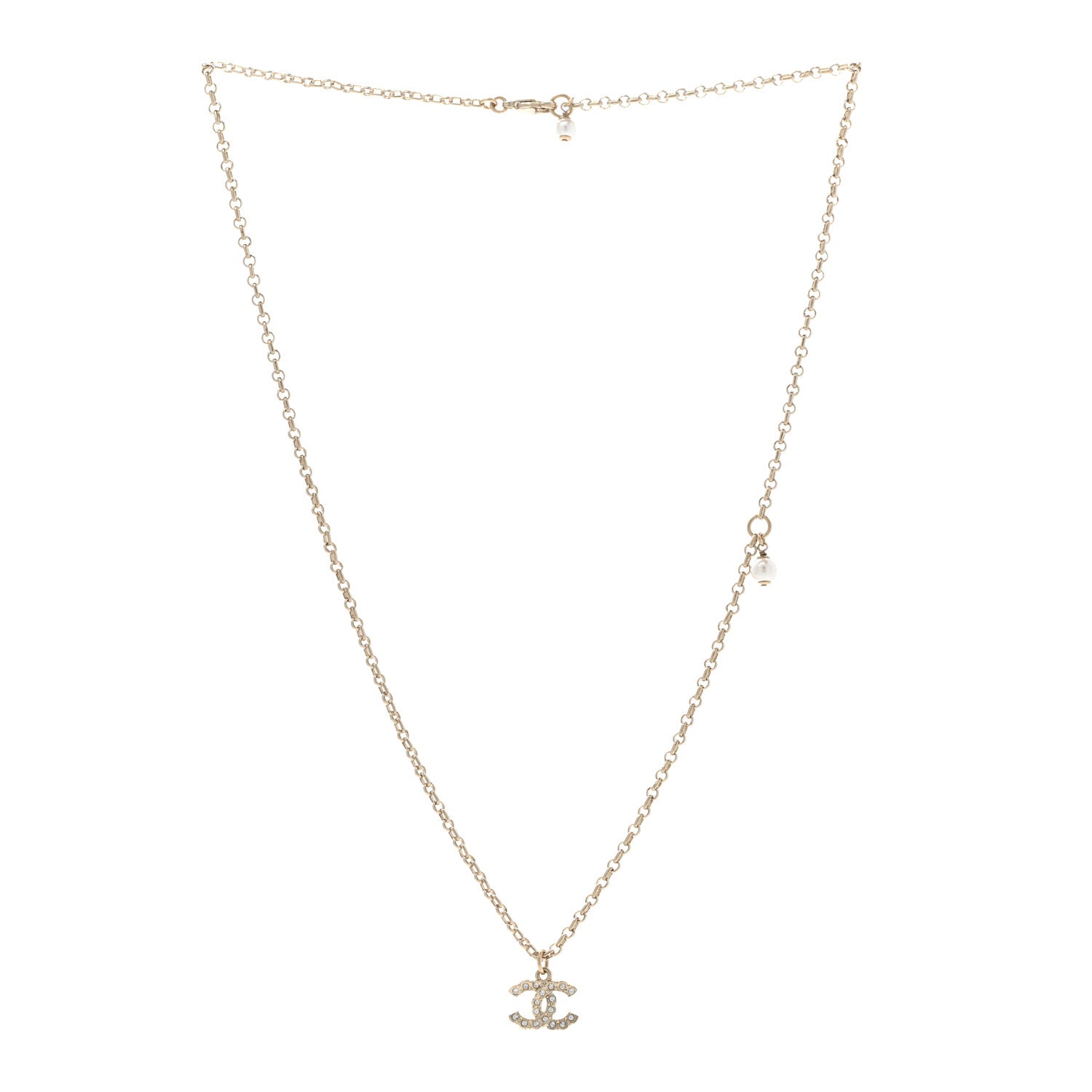 Chanel Metal Pearl Crystal CC Textured Pendant Necklace Gold 3 of 6