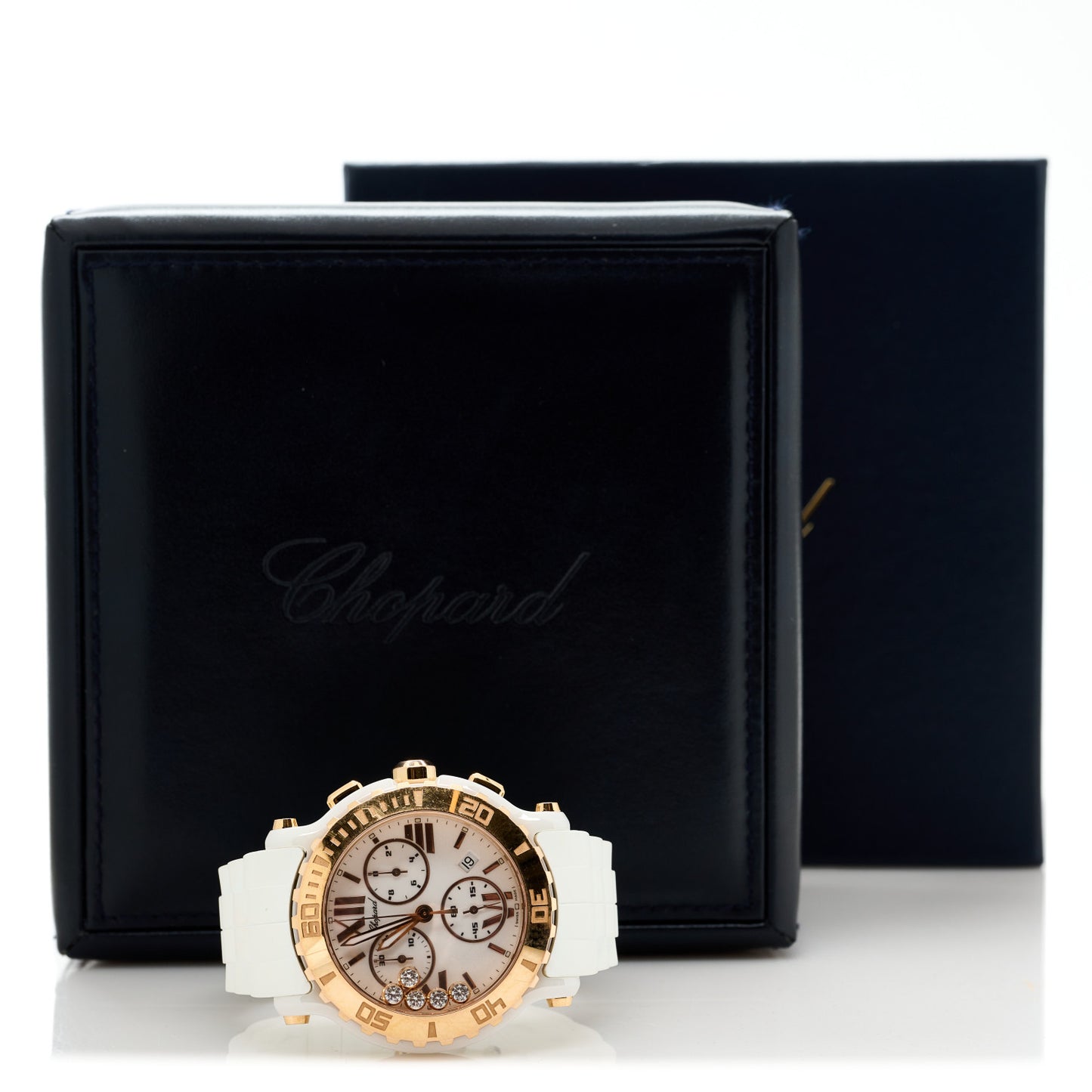 18K Rose Gold Ceramic Rubber 5 Diamond 42mm Happy Sport Chronograph Quartz Watch