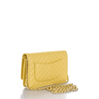 Chanel Lambskin Chevron Wallet On Chain WOC Yellow 3 of 8