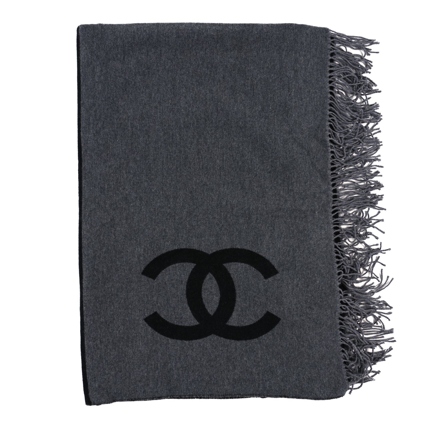 Merino Wool Cashmere CC Reversible Fringe Blanket Black Gray