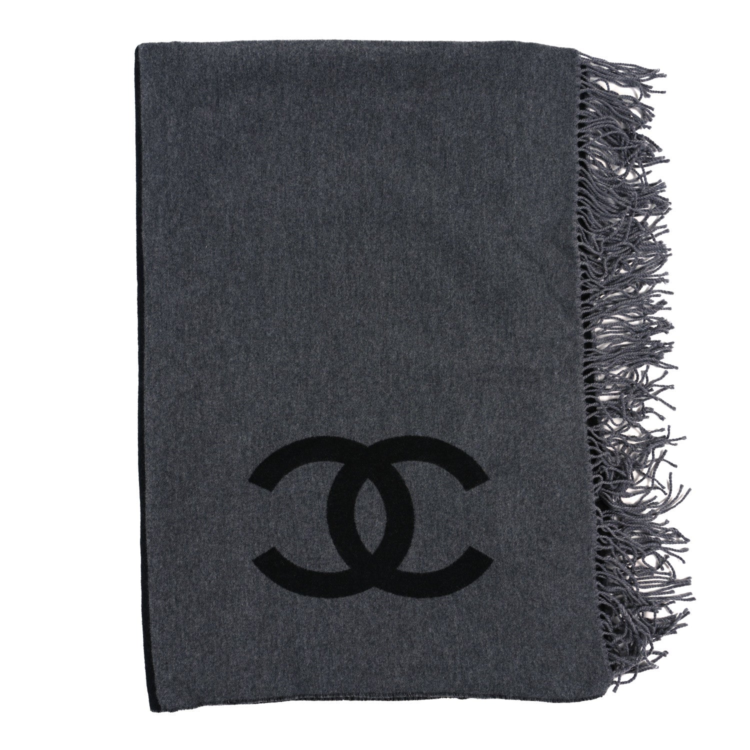 Chanel Merino Wool Cashmere CC Reversible Fringe Blanket Black Gray 1 of 3