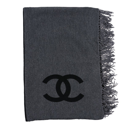 Chanel Merino Wool Cashmere CC Reversible Fringe Blanket Black Gray 1 of 3