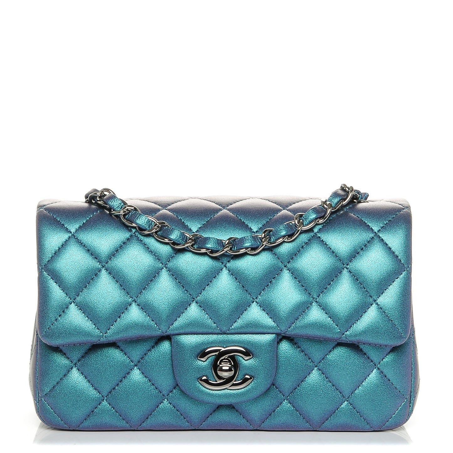 Iridescent Lambskin Quilted Mini Rectangular Flap Turquoise
