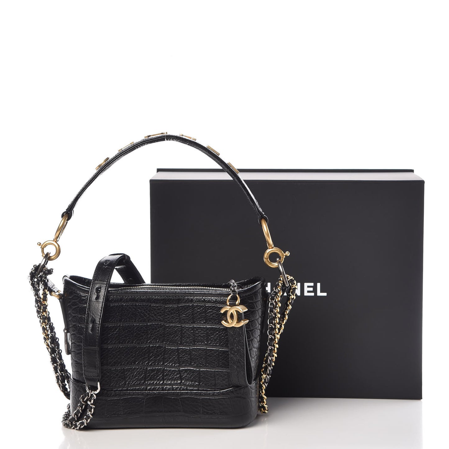 Calfskin Crocodile Embossed Small Gabrielle Cocodile Hobo Black