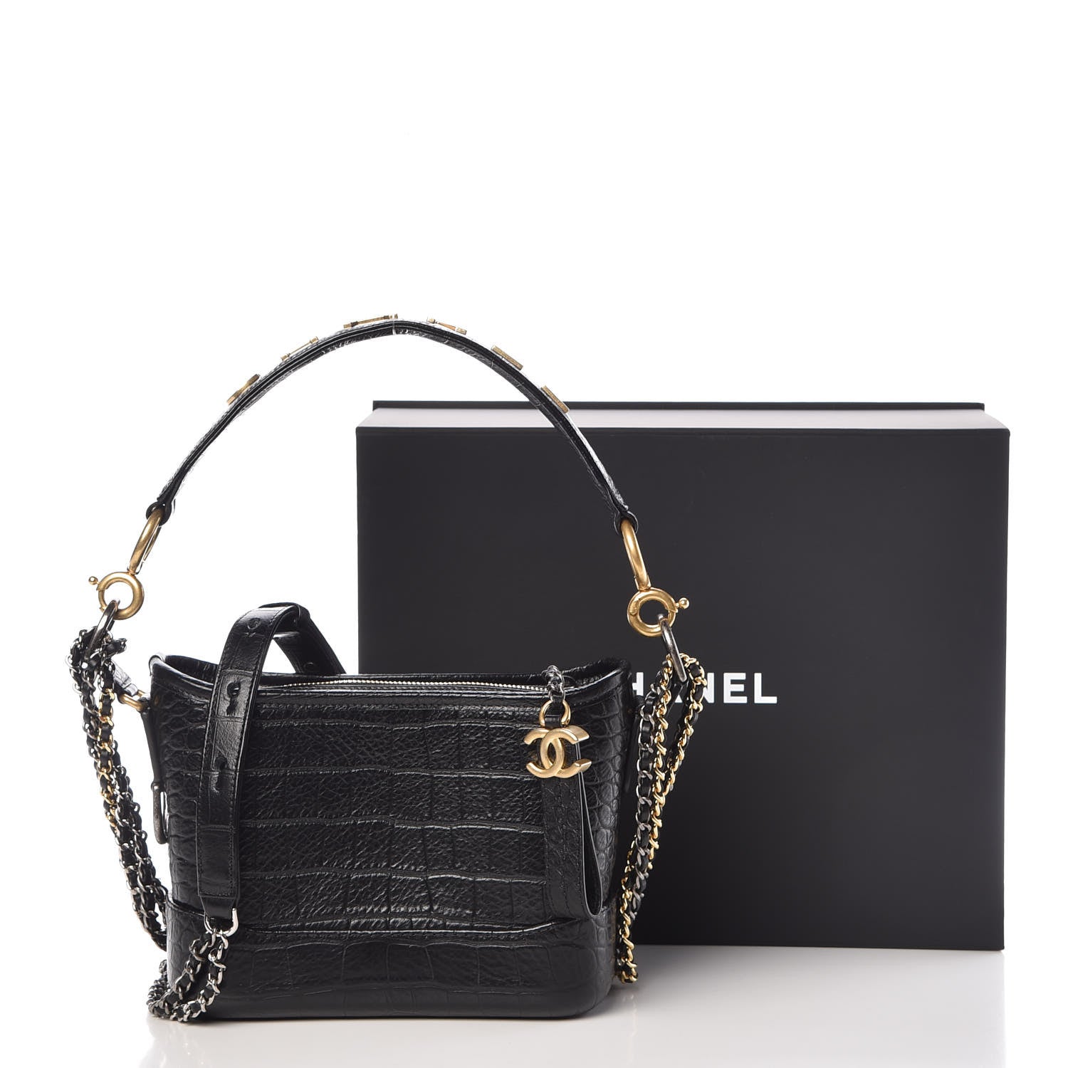 Chanel Calfskin Crocodile Embossed Small Gabrielle Cocodile Hobo Black 11 of 11