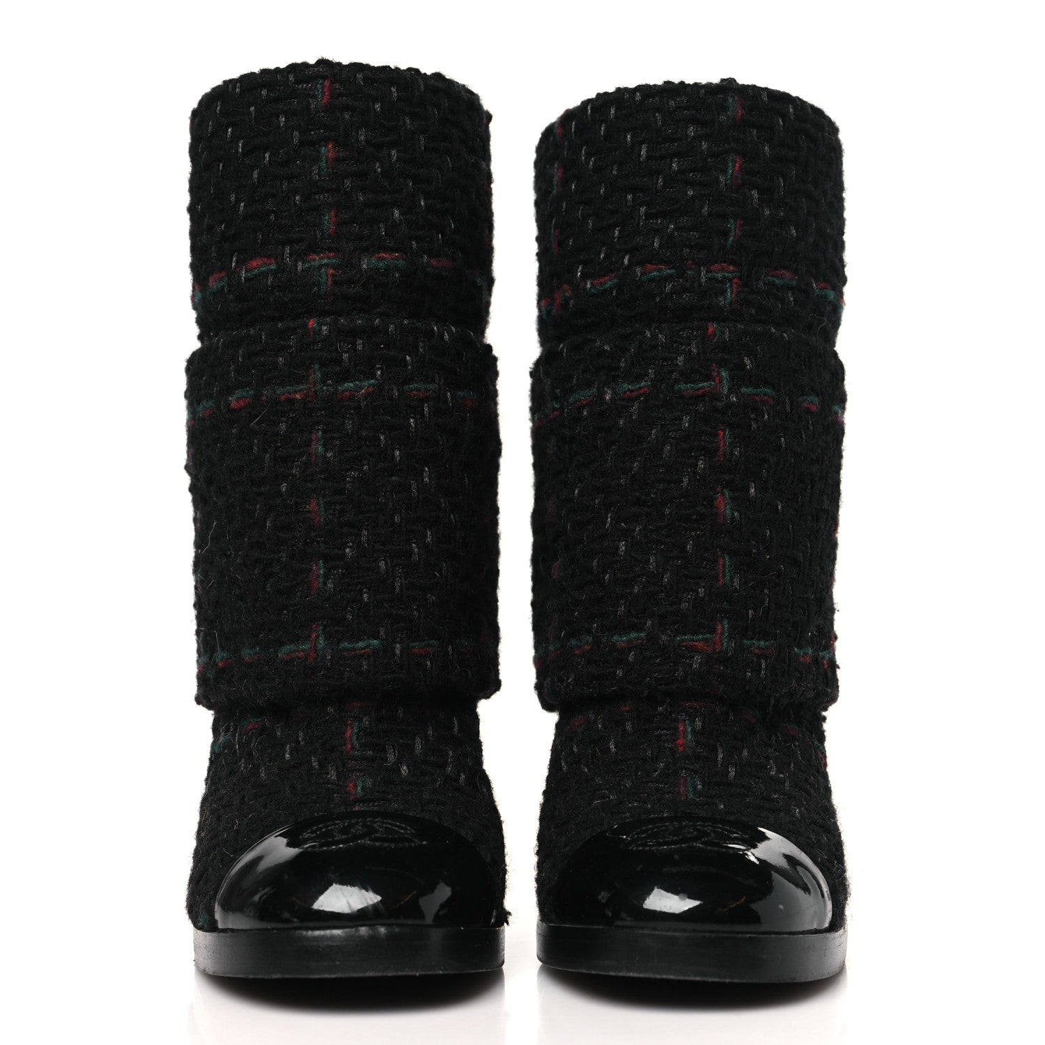 Chanel Tweed Patent CC Cap Toe Fold Over Boots 37 Black 3 of 10